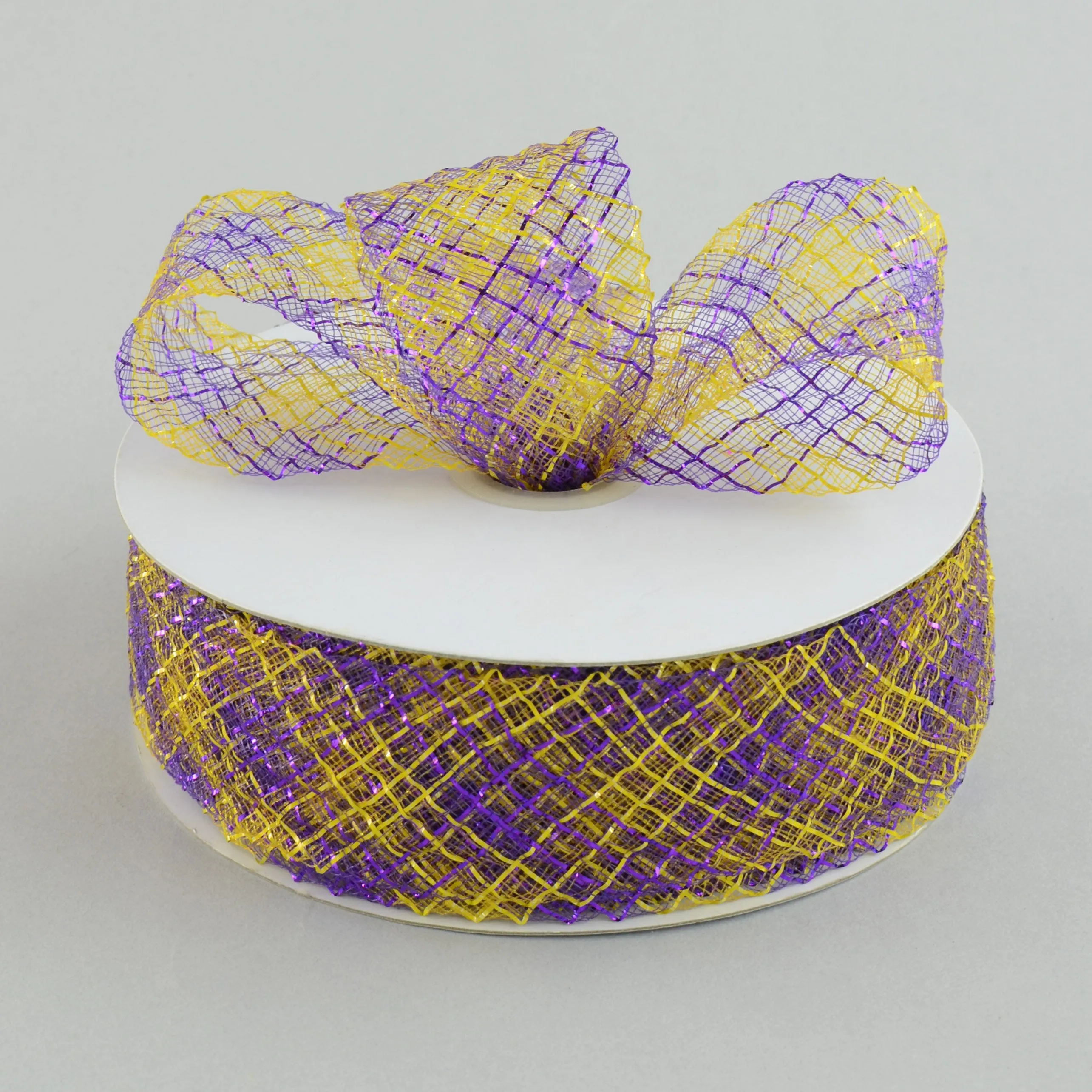 1.5" Deco Flex Mesh Ribbon: Purple/Gold Plaid (30 Yards)