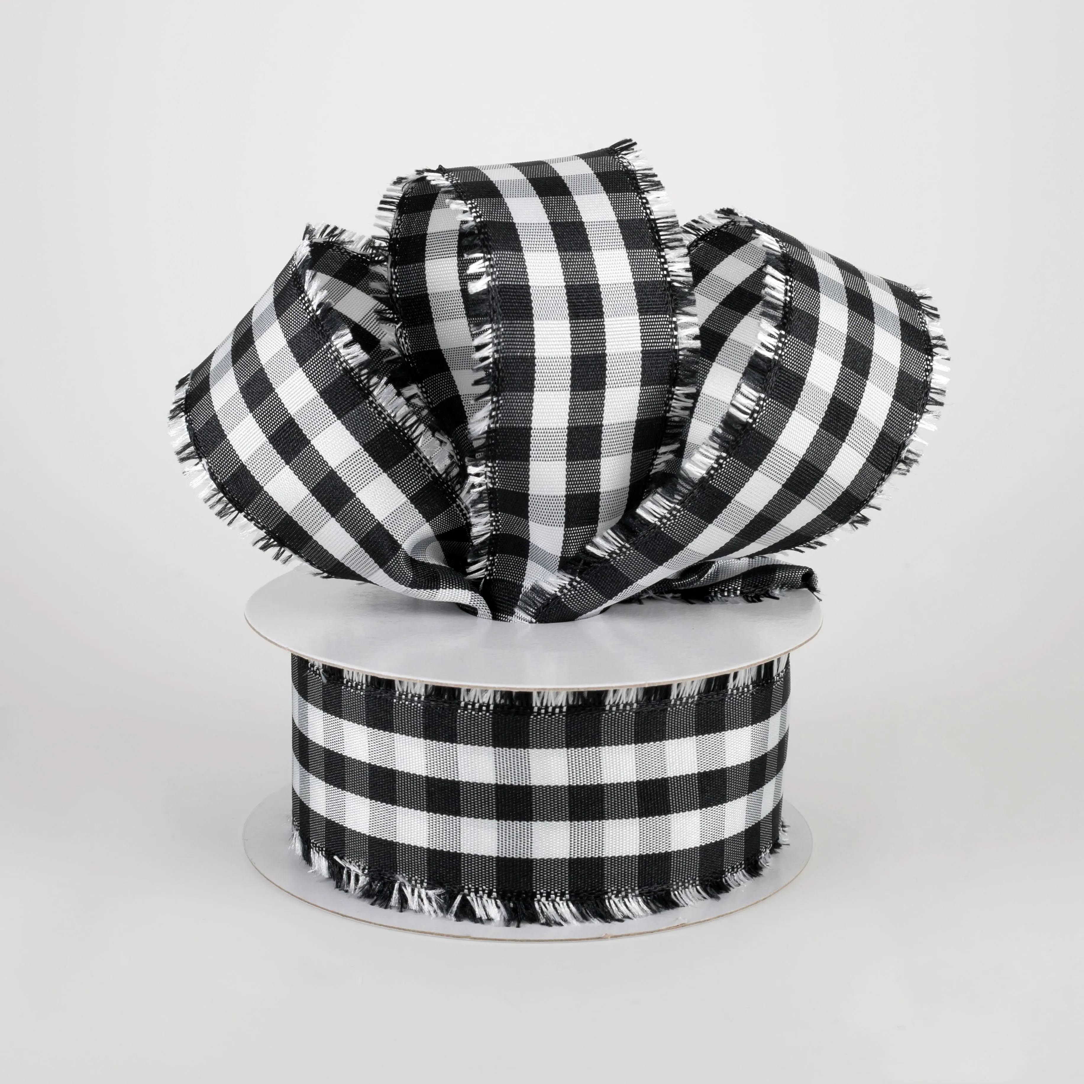 1.5" Frayed Edge Buffalo Plaid Ribbon: Black & White (10 Yards)