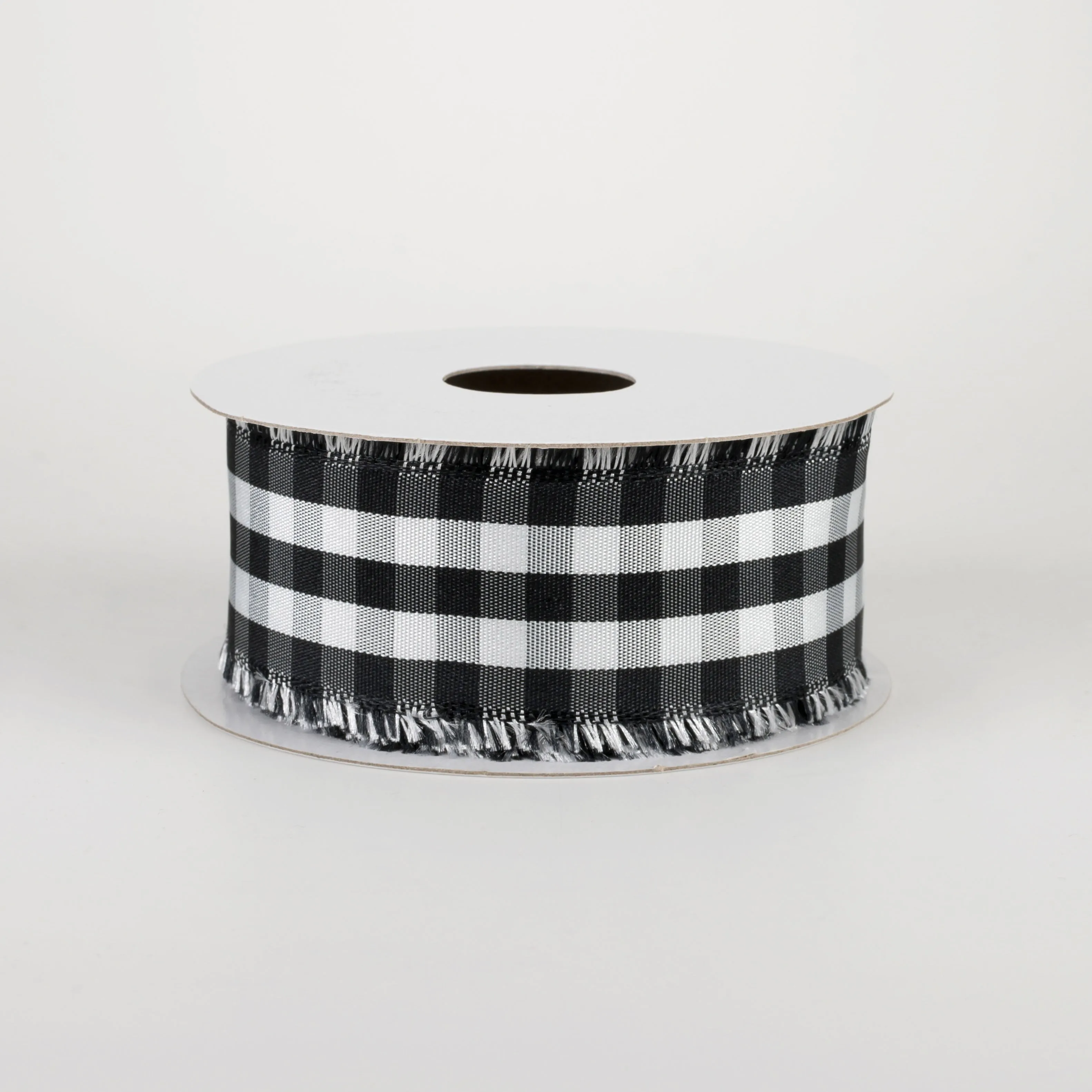 1.5" Frayed Edge Buffalo Plaid Ribbon: Black & White (10 Yards)