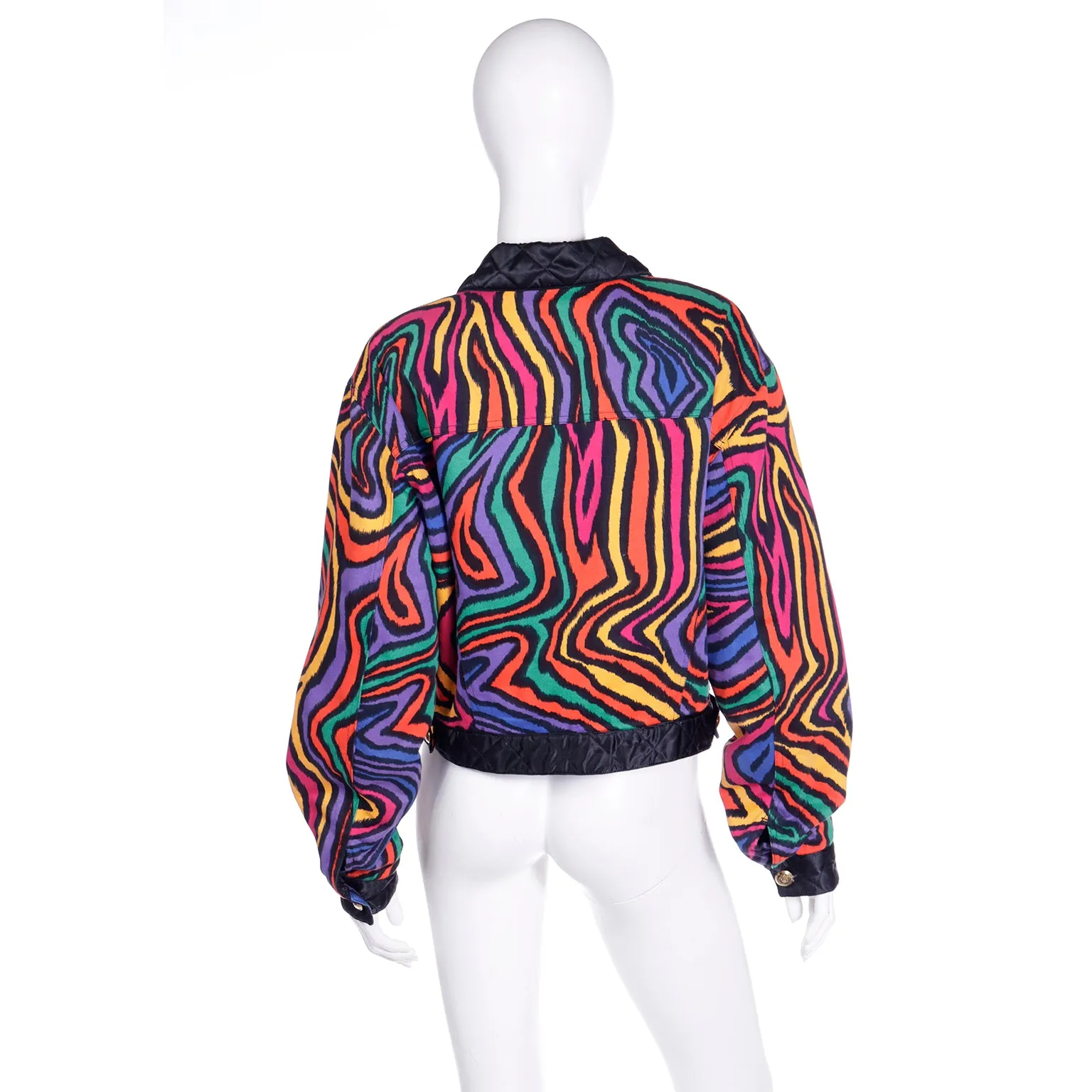 1980s Moschino Jeans Colorful Rainbow Bomber Jacket w Black Trim