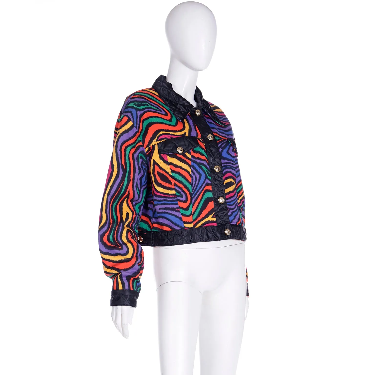 1980s Moschino Jeans Colorful Rainbow Bomber Jacket w Black Trim