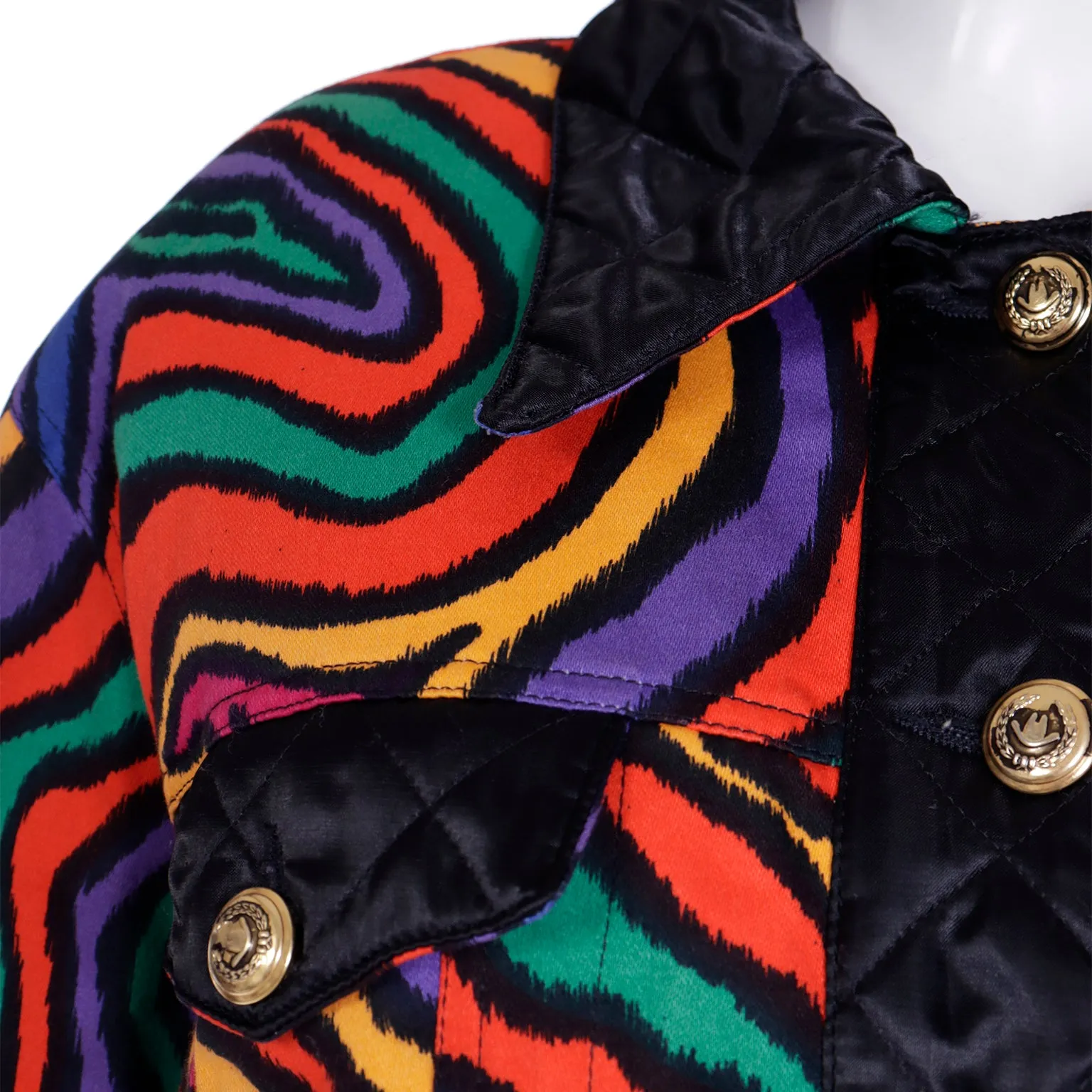 1980s Moschino Jeans Colorful Rainbow Bomber Jacket w Black Trim