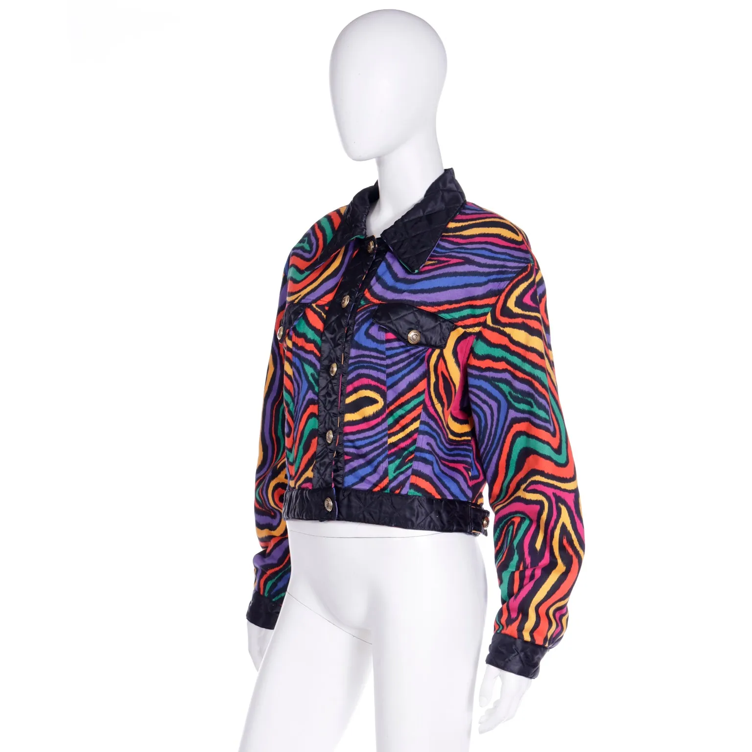 1980s Moschino Jeans Colorful Rainbow Bomber Jacket w Black Trim