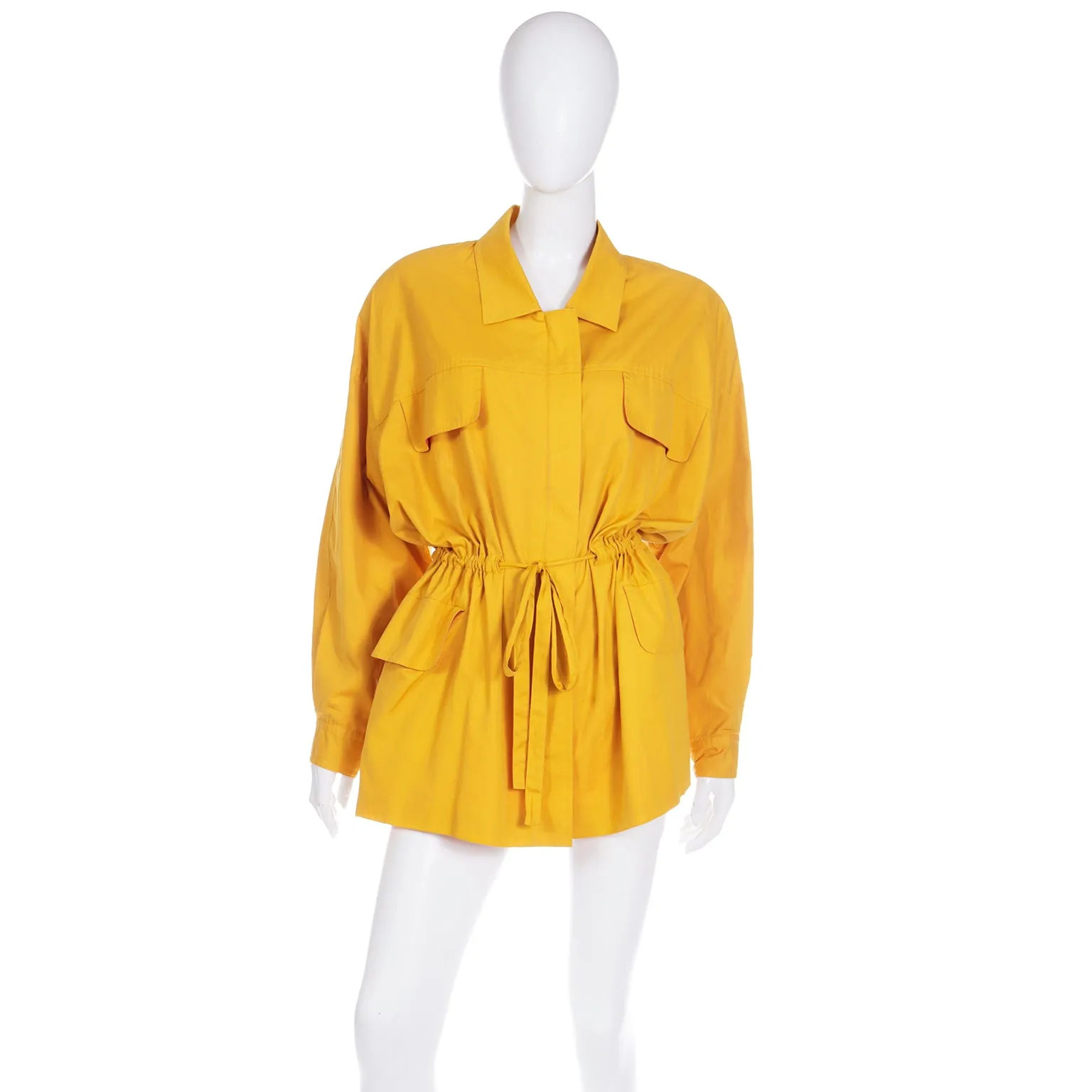 1980s Vintage Donna Karan Drawstring Mustard Yellow Cotton Coat