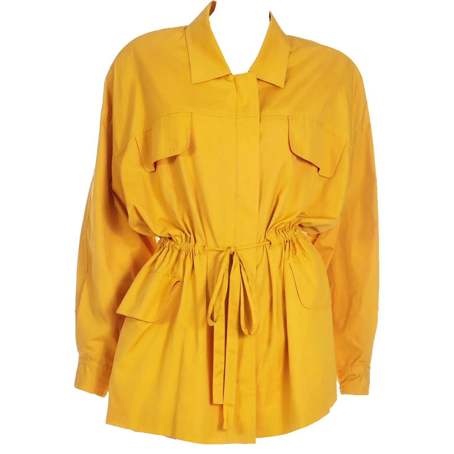 1980s Vintage Donna Karan Drawstring Mustard Yellow Cotton Coat