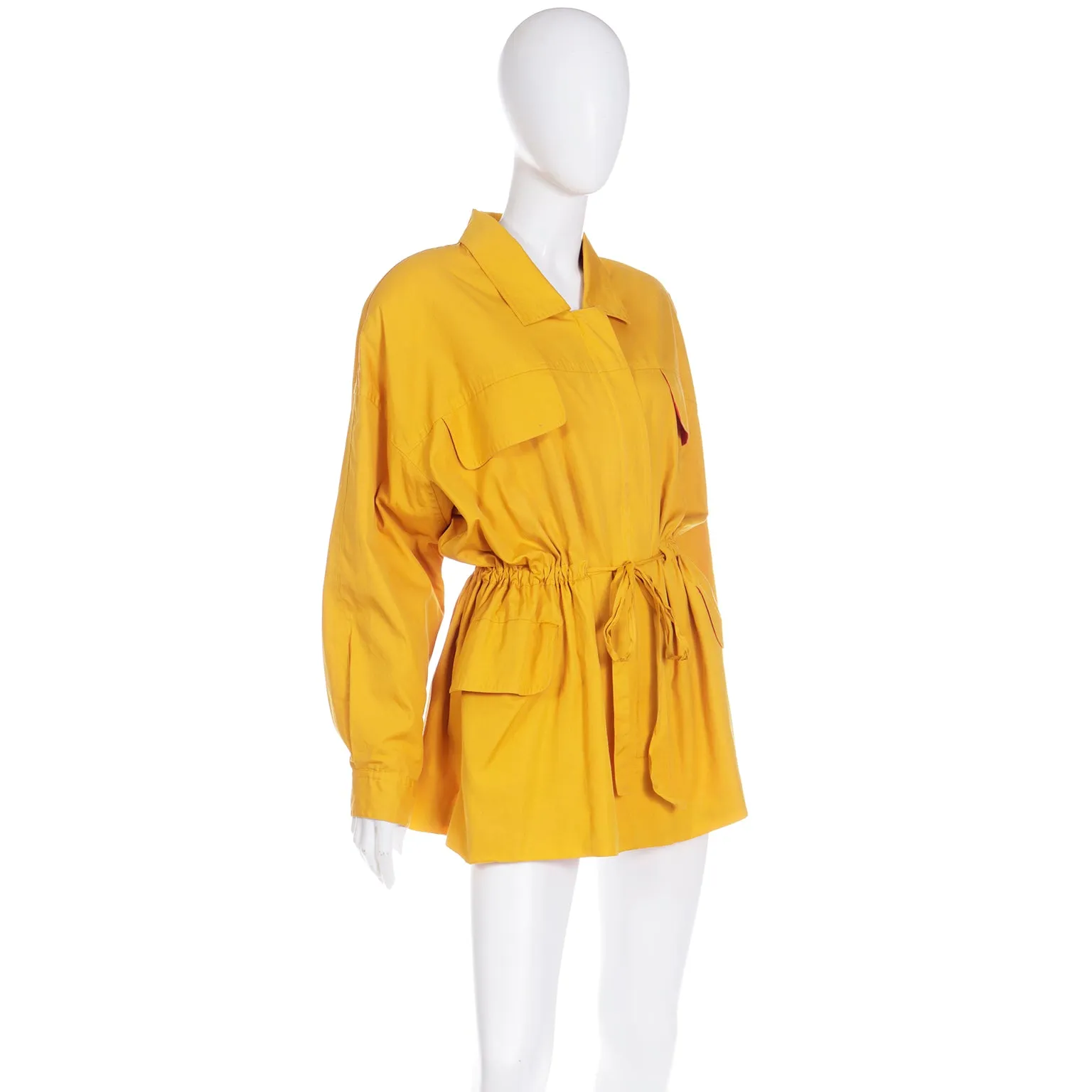 1980s Vintage Donna Karan Drawstring Mustard Yellow Cotton Coat