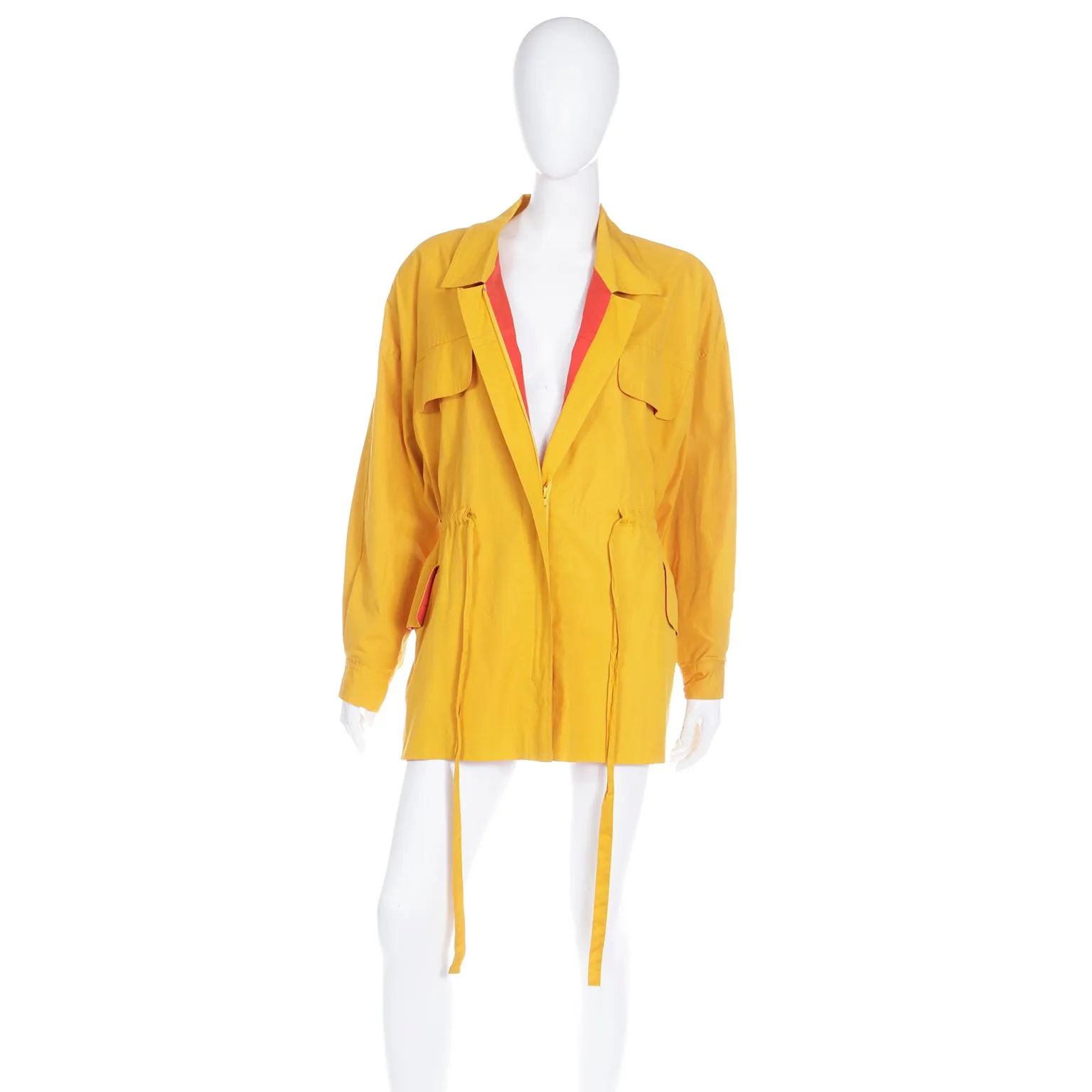 1980s Vintage Donna Karan Drawstring Mustard Yellow Cotton Coat