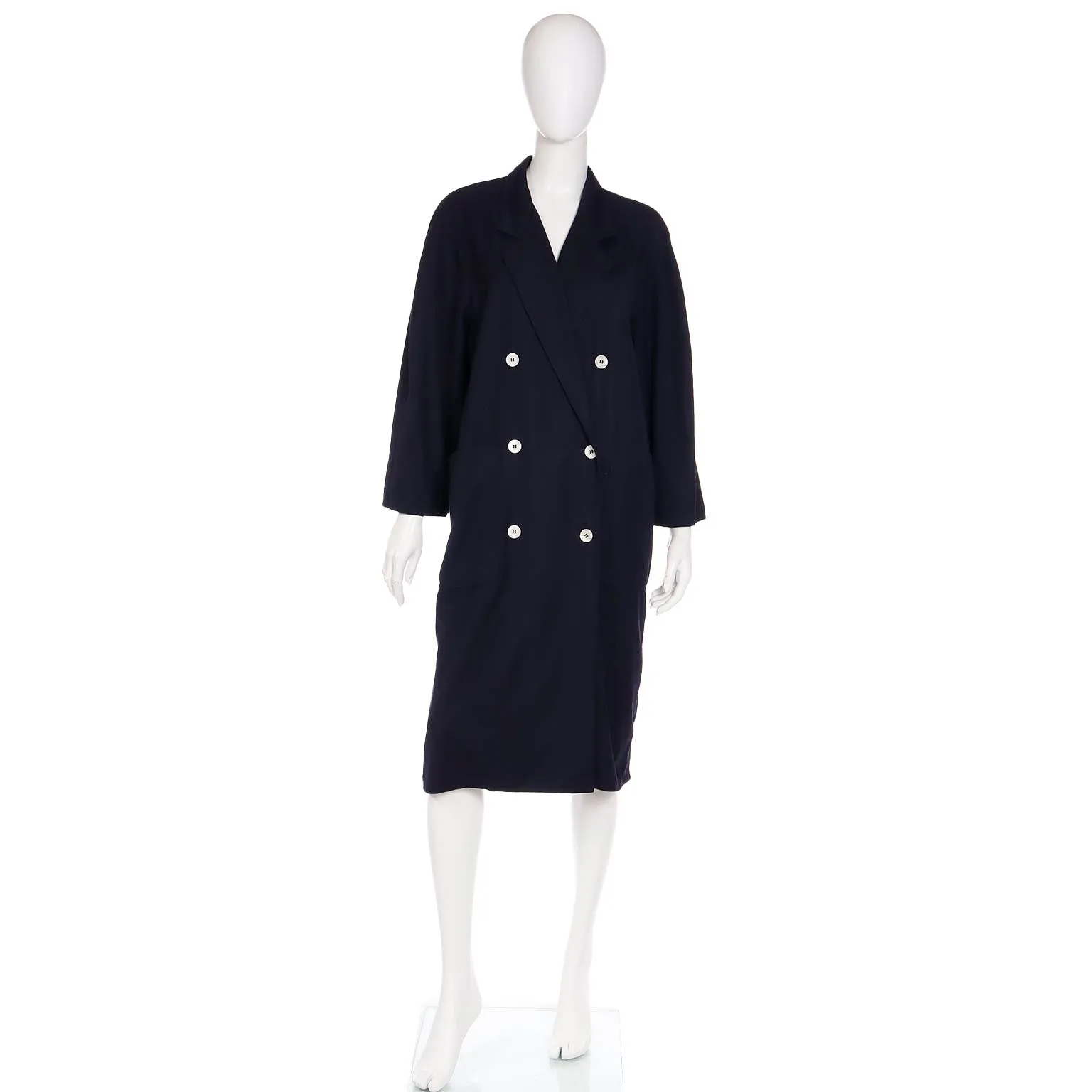 1990s Max Mara Summer Weight Wool Navy Blue Double Breasted Coat