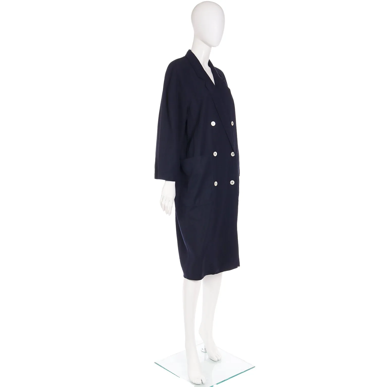 1990s Max Mara Summer Weight Wool Navy Blue Double Breasted Coat