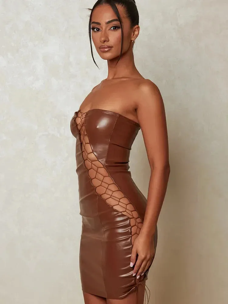 2024 PU Leather Strapless Sleeveless Mini Dress Cut Out Dresses