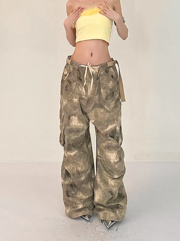 Alexis Brown Green Acid Wash Vintage Camouflage High Waist Straight Wide Leg Multi-Pocket Cargo Pleated Pants