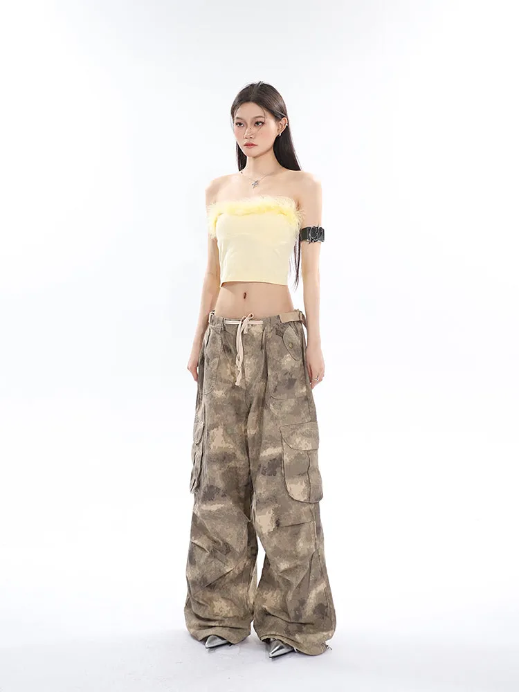 Alexis Brown Green Acid Wash Vintage Camouflage High Waist Straight Wide Leg Multi-Pocket Cargo Pleated Pants