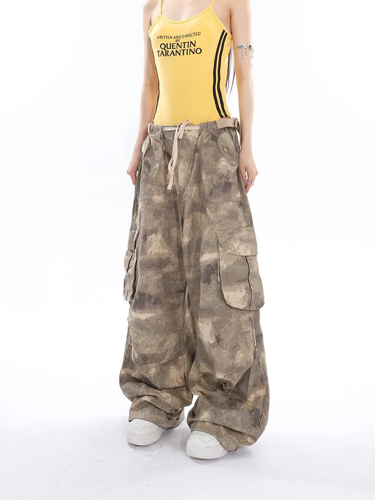 Alexis Brown Green Acid Wash Vintage Camouflage High Waist Straight Wide Leg Multi-Pocket Cargo Pleated Pants