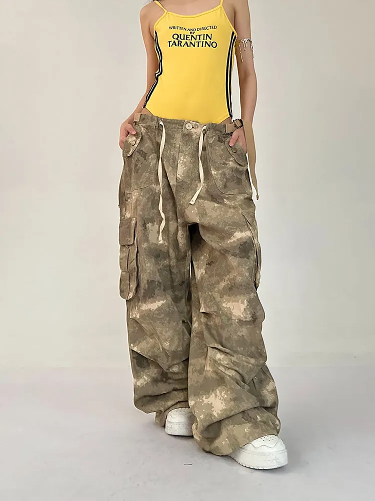 Alexis Brown Green Acid Wash Vintage Camouflage High Waist Straight Wide Leg Multi-Pocket Cargo Pleated Pants