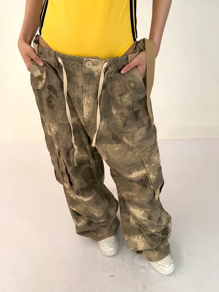 Alexis Brown Green Acid Wash Vintage Camouflage High Waist Straight Wide Leg Multi-Pocket Cargo Pleated Pants