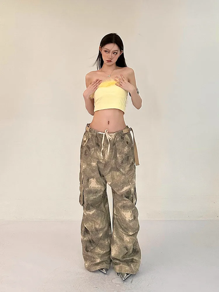 Alexis Brown Green Acid Wash Vintage Camouflage High Waist Straight Wide Leg Multi-Pocket Cargo Pleated Pants