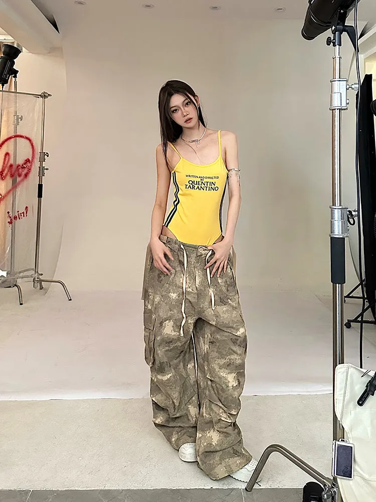 Alexis Brown Green Acid Wash Vintage Camouflage High Waist Straight Wide Leg Multi-Pocket Cargo Pleated Pants