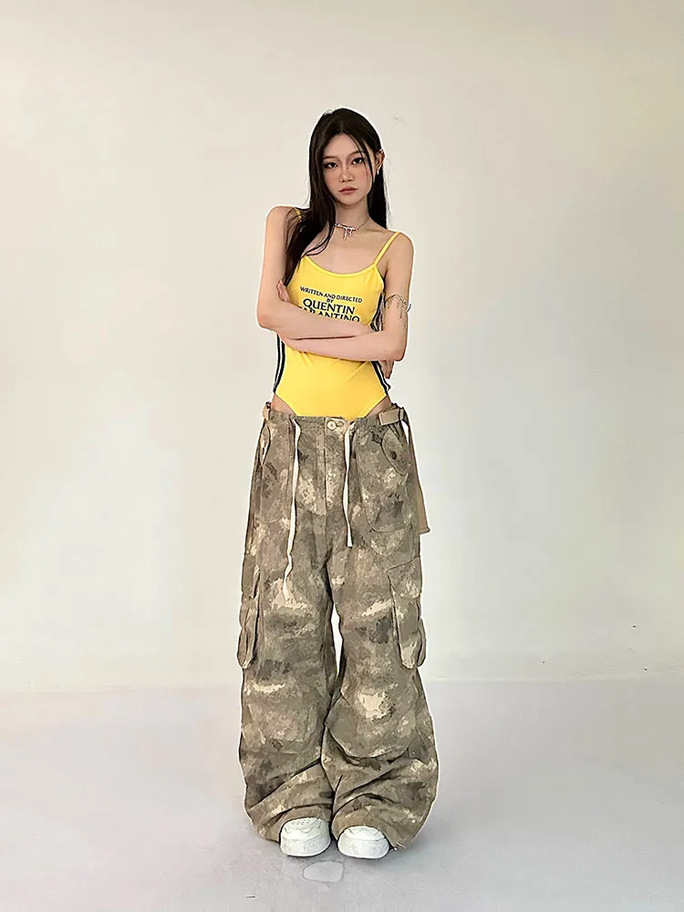 Alexis Brown Green Acid Wash Vintage Camouflage High Waist Straight Wide Leg Multi-Pocket Cargo Pleated Pants