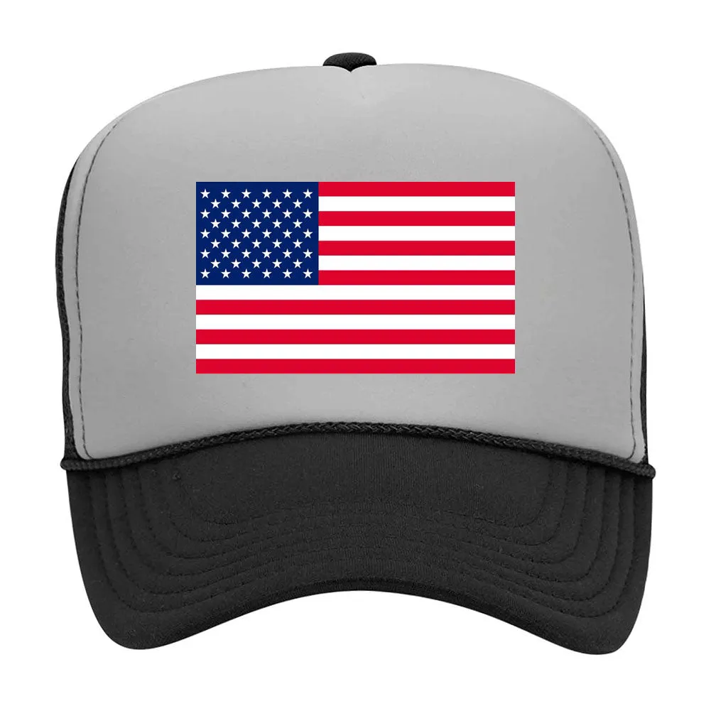 American Flag Printed 5 Panel Two Tone High Crown Mesh Back Trucker Hat