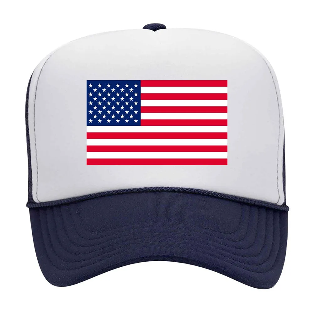 American Flag Printed 5 Panel Two Tone High Crown Mesh Back Trucker Hat