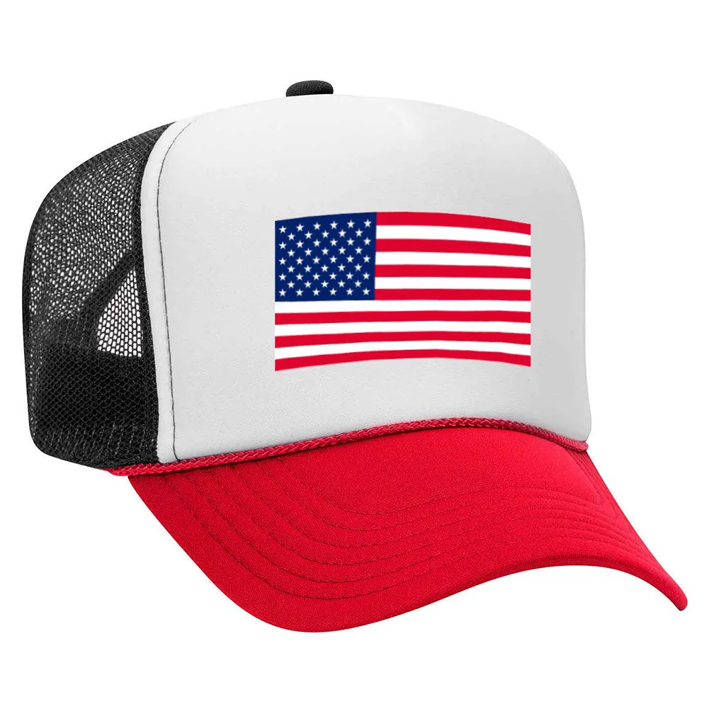 American Flag Printed 5 Panel Two Tone High Crown Mesh Back Trucker Hat