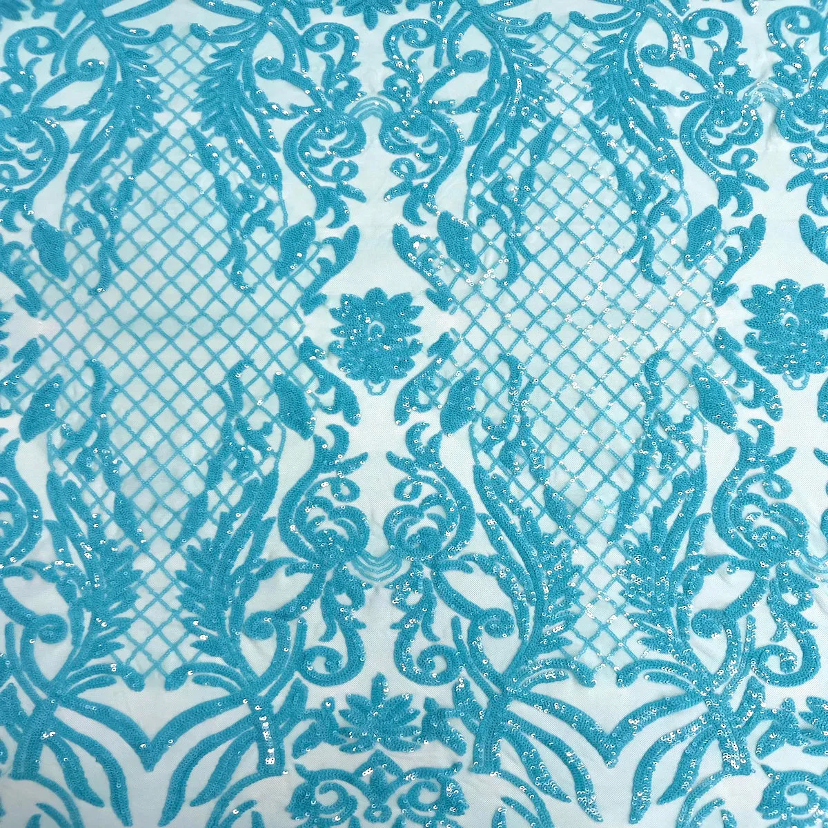 Aqua Blue Iridescent Luna Stretch Sequins Lace Fabric