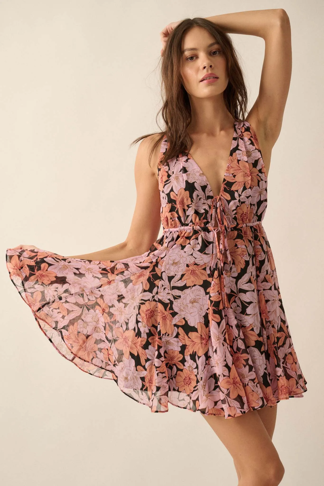 Bali Beauty Floral Chiffon Plunge-Front Mini Dress