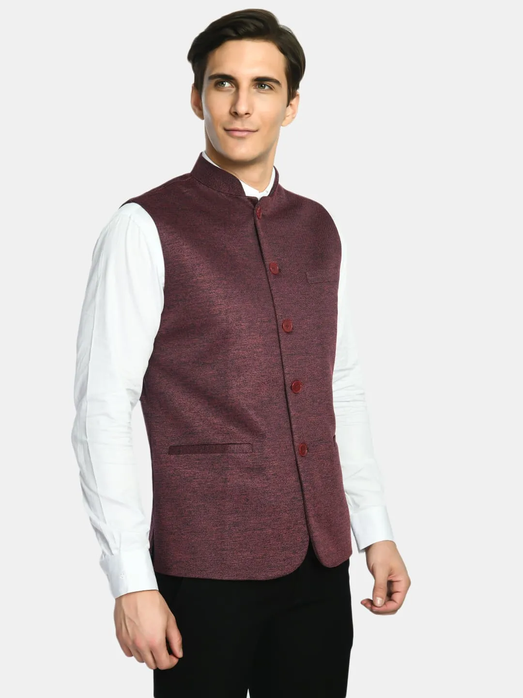 Berry Red Solid Festive Wear Nehru Jacket