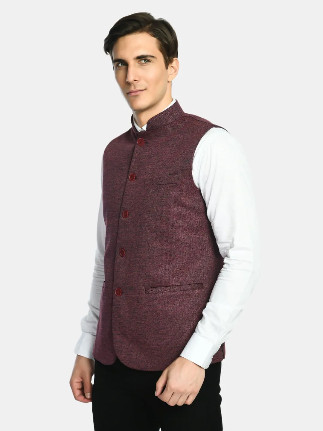 Berry Red Solid Festive Wear Nehru Jacket