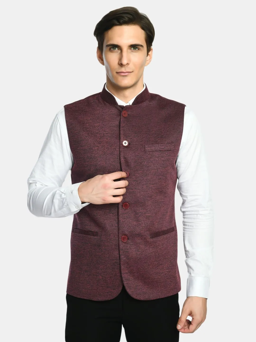 Berry Red Solid Festive Wear Nehru Jacket