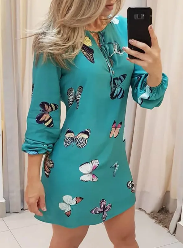 BerryBetty - Casual Butterfly Print Tie Front Long Sleeve Dress