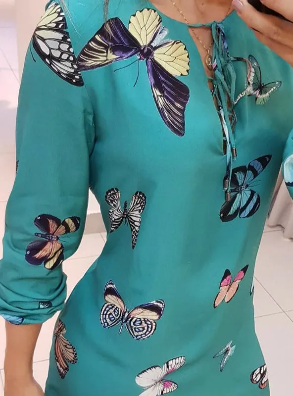 BerryBetty - Casual Butterfly Print Tie Front Long Sleeve Dress