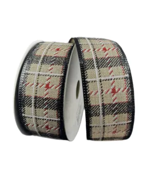 Black plaid peppermint candy stripe wired ribbon, 1.5"