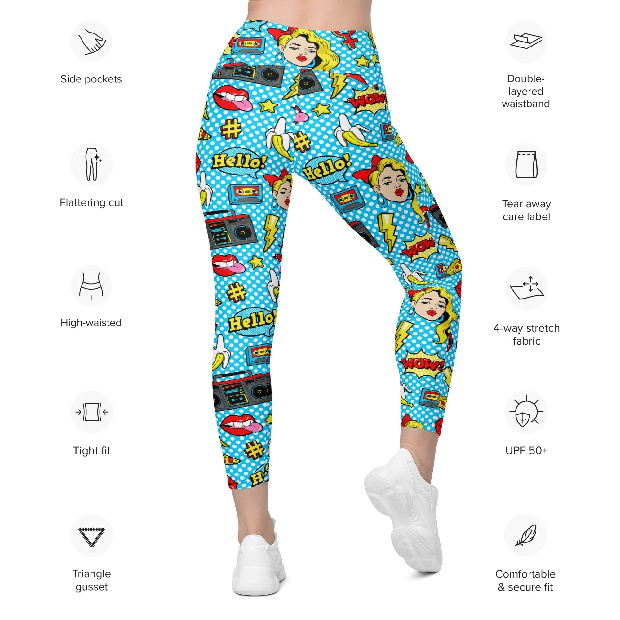 Blue Pop Art Pattern Leggings With Pockets