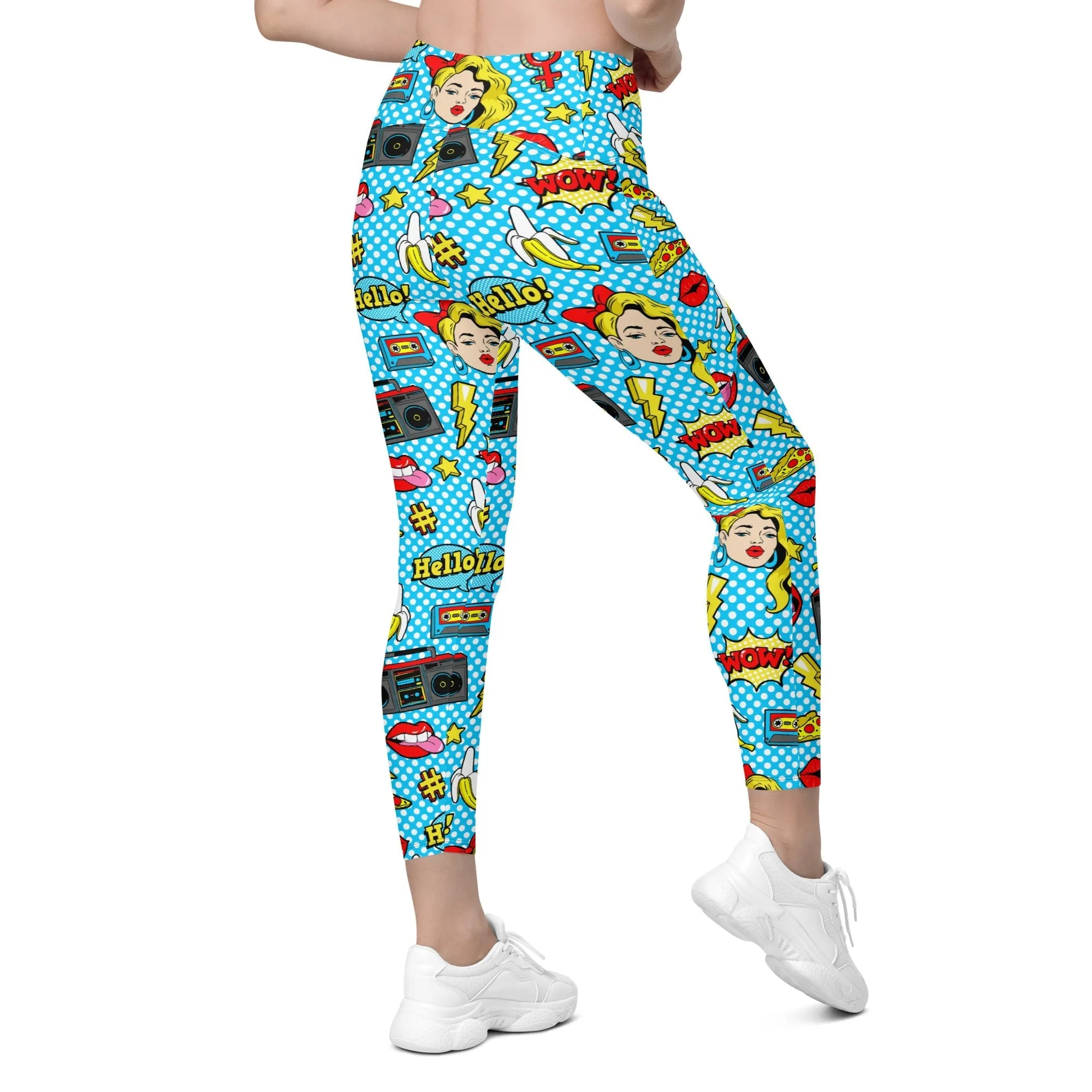 Blue Pop Art Pattern Leggings With Pockets