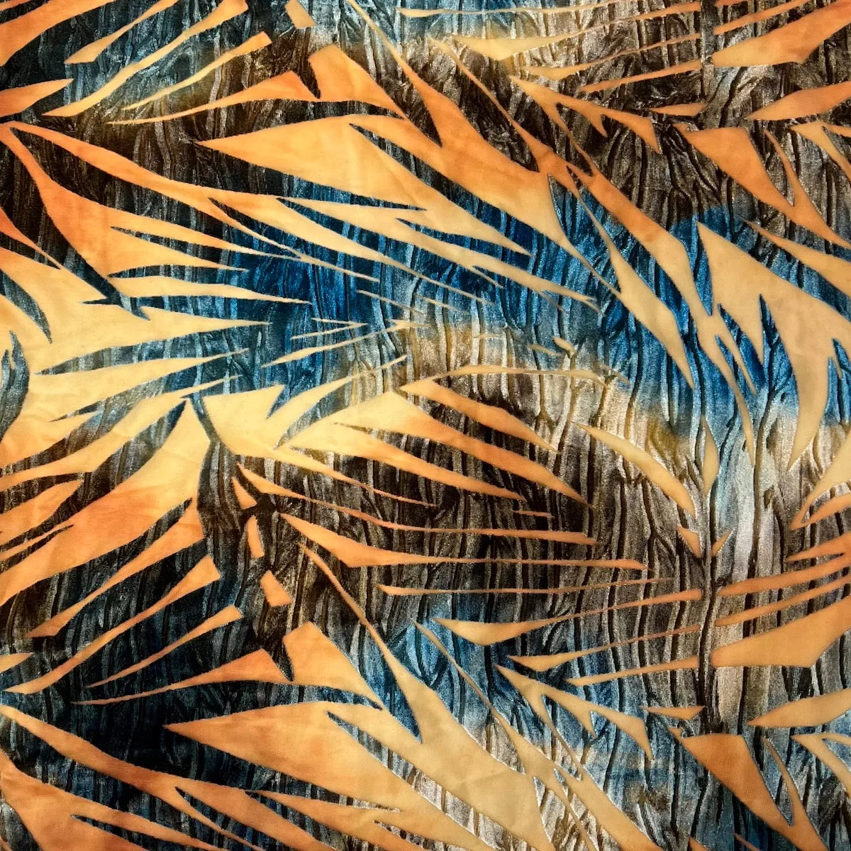 Blue Tie Dye | Beige Palm Tree Burnout Stretch Velvet Fabric