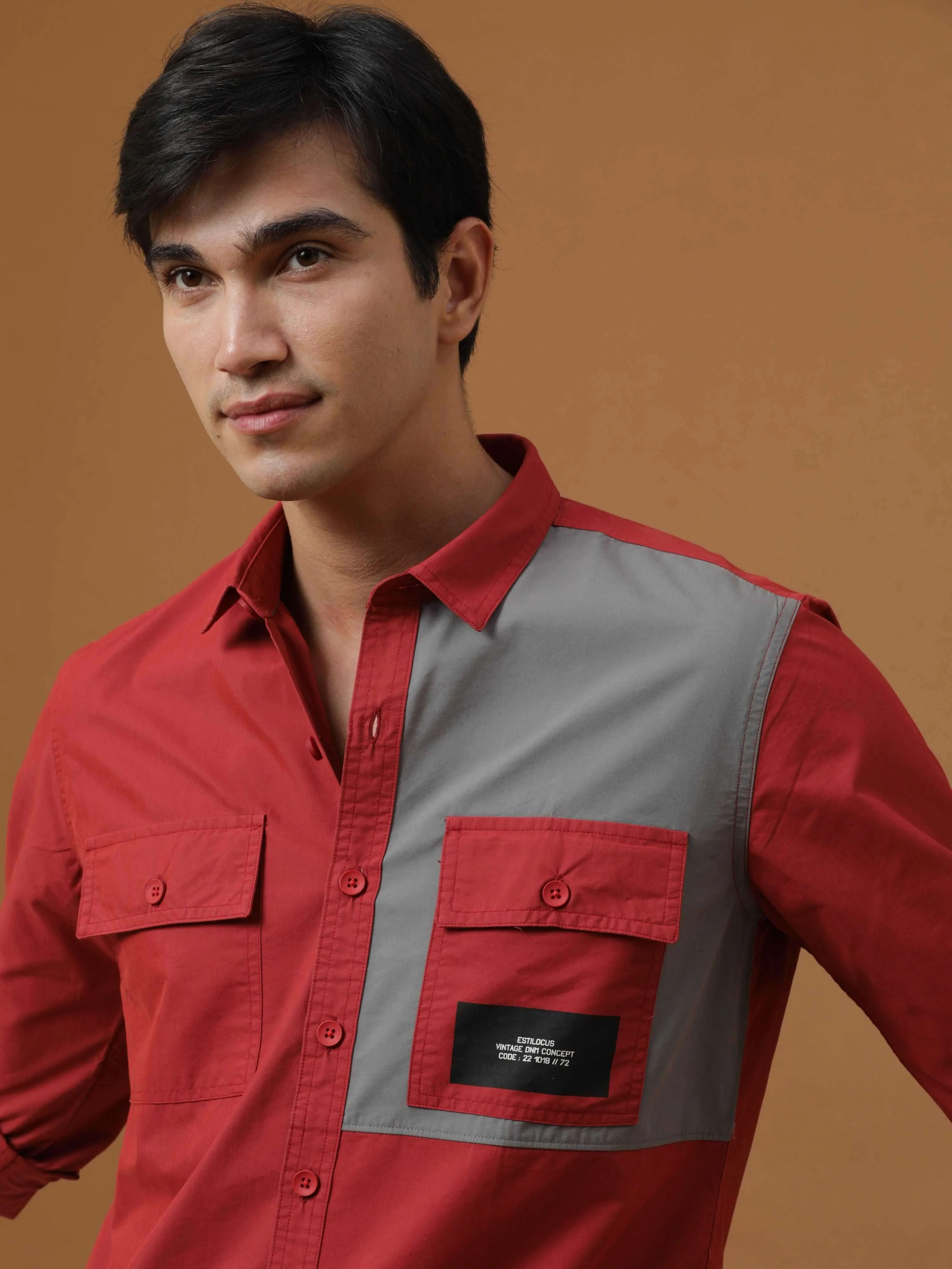 Brick Red Contrast Patch Cargo Shirt