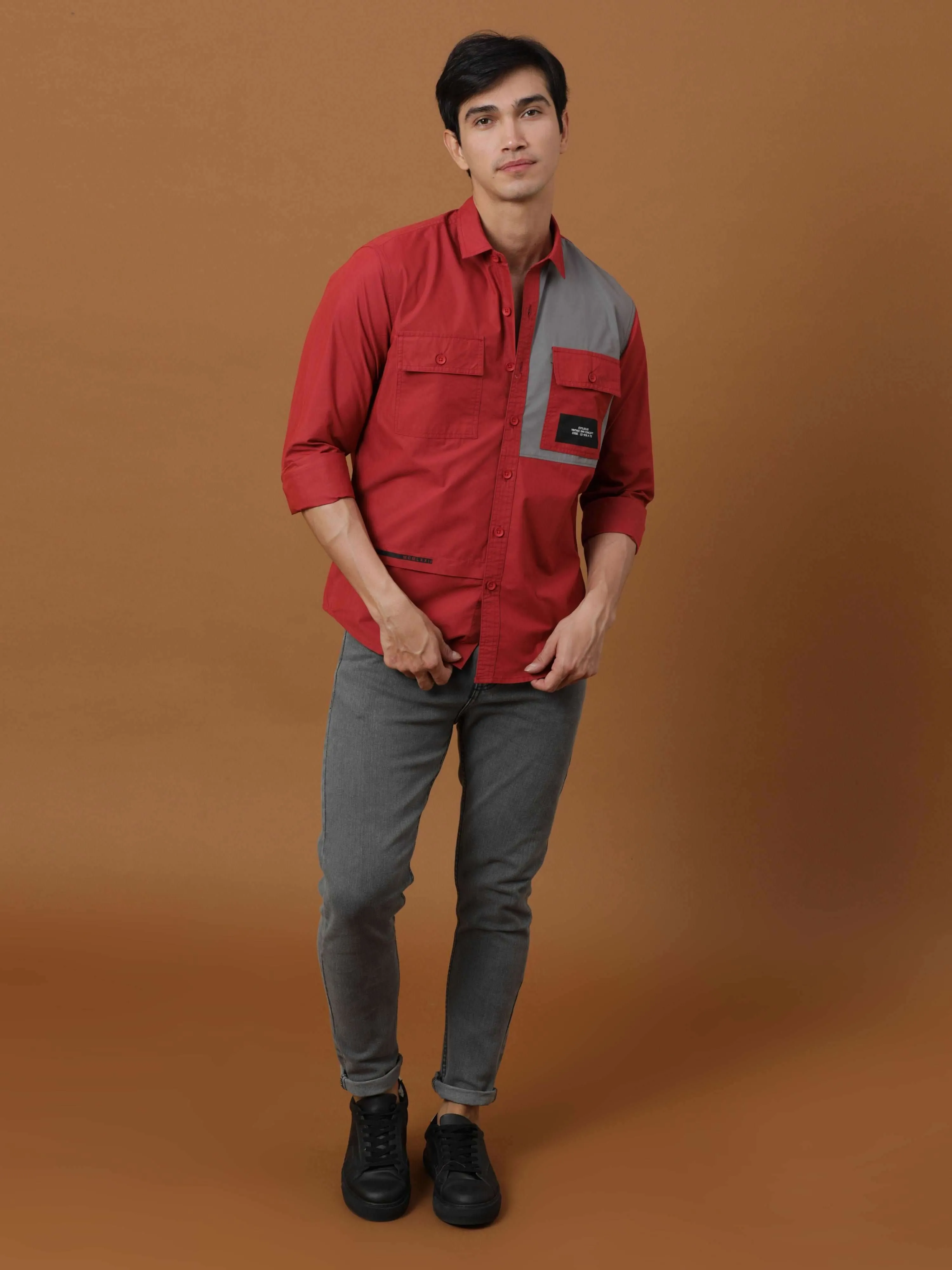 Brick Red Contrast Patch Cargo Shirt