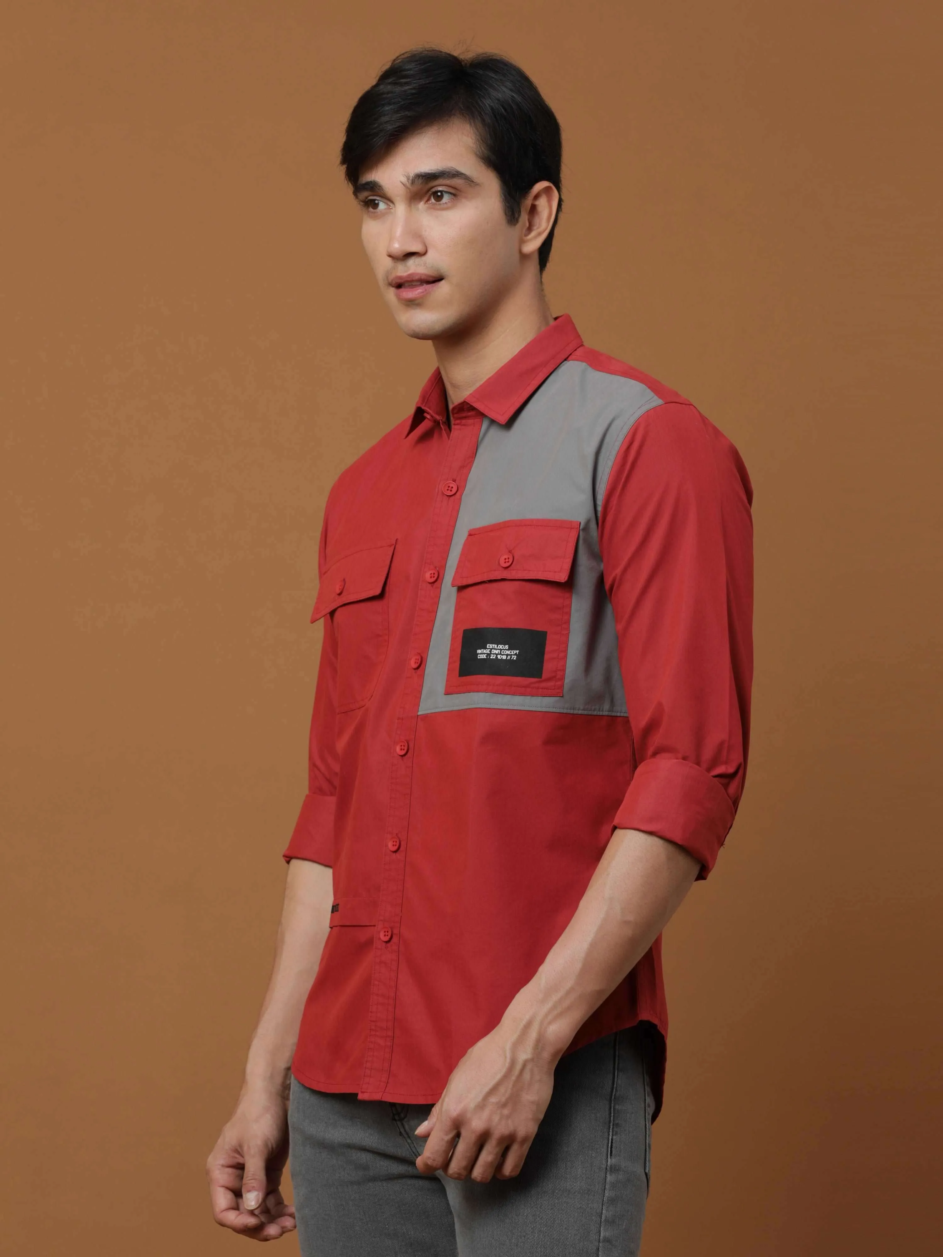 Brick Red Contrast Patch Cargo Shirt