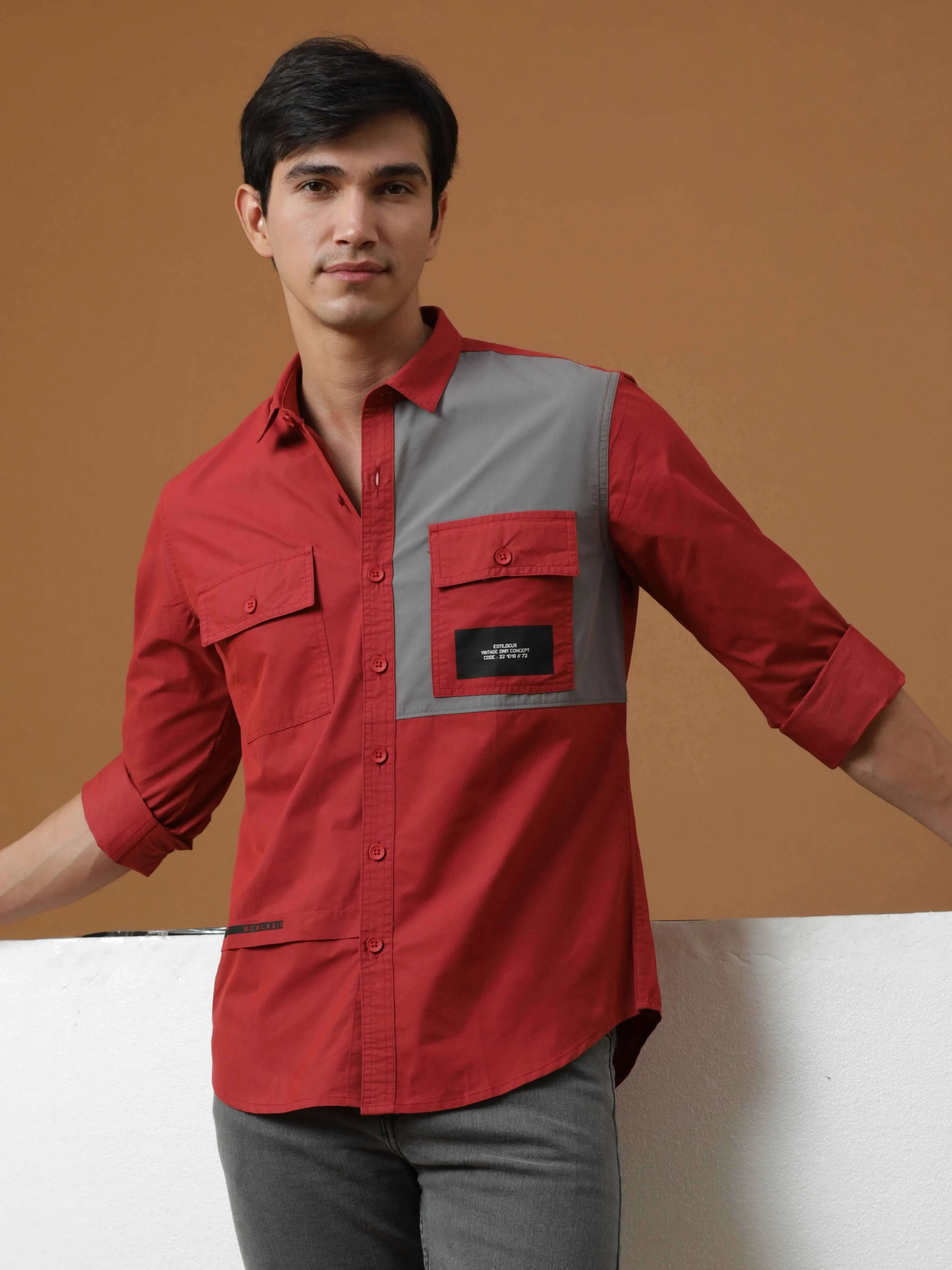 Brick Red Contrast Patch Cargo Shirt