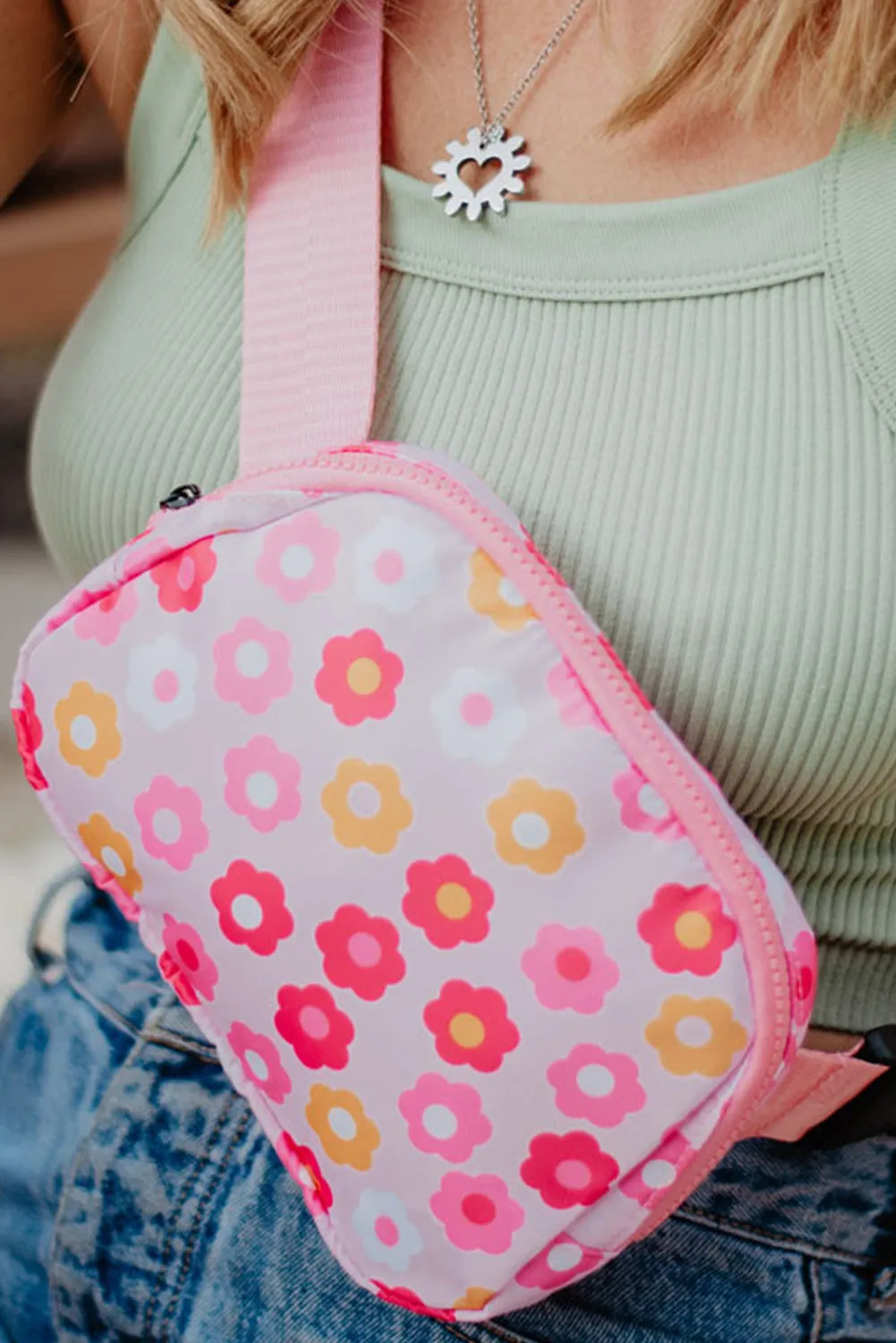 Bright Pink Flower Print Wide Belt Zipped Crossbody Bag