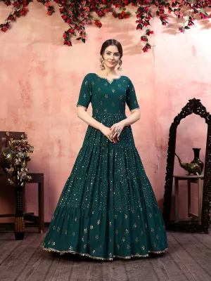 Casual Wear Green Georgette Gown With Fancy Sequins