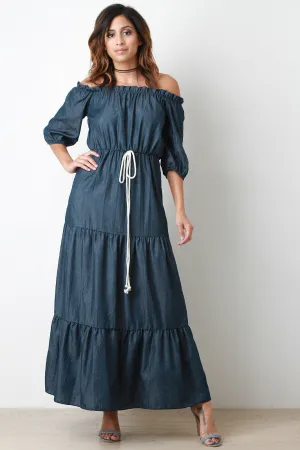 Chambray Puff Sleeves Off-The-Shoulder Tier Maxi Dress