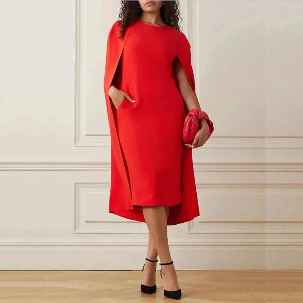 Chic O-neck Red Evening Dress with Cape Sleeves - Spring 2024 Collection