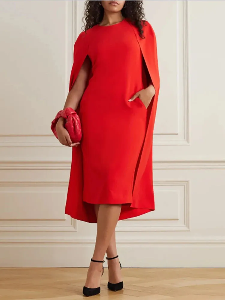 Chic O-neck Red Evening Dress with Cape Sleeves - Spring 2024 Collection