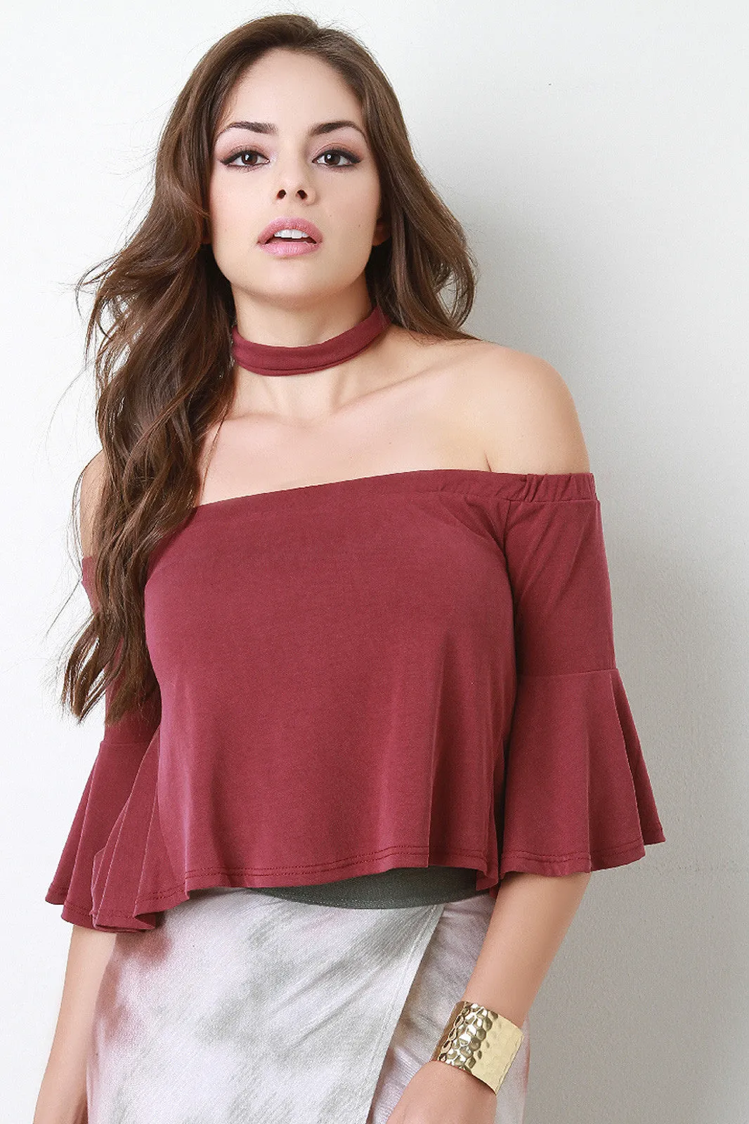 Choker Bell Sleeves Crop Bardot Top