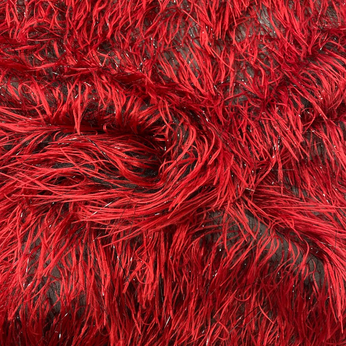 Dark Red | Black Metallic Faux Ostrich Feather Lace Fabric