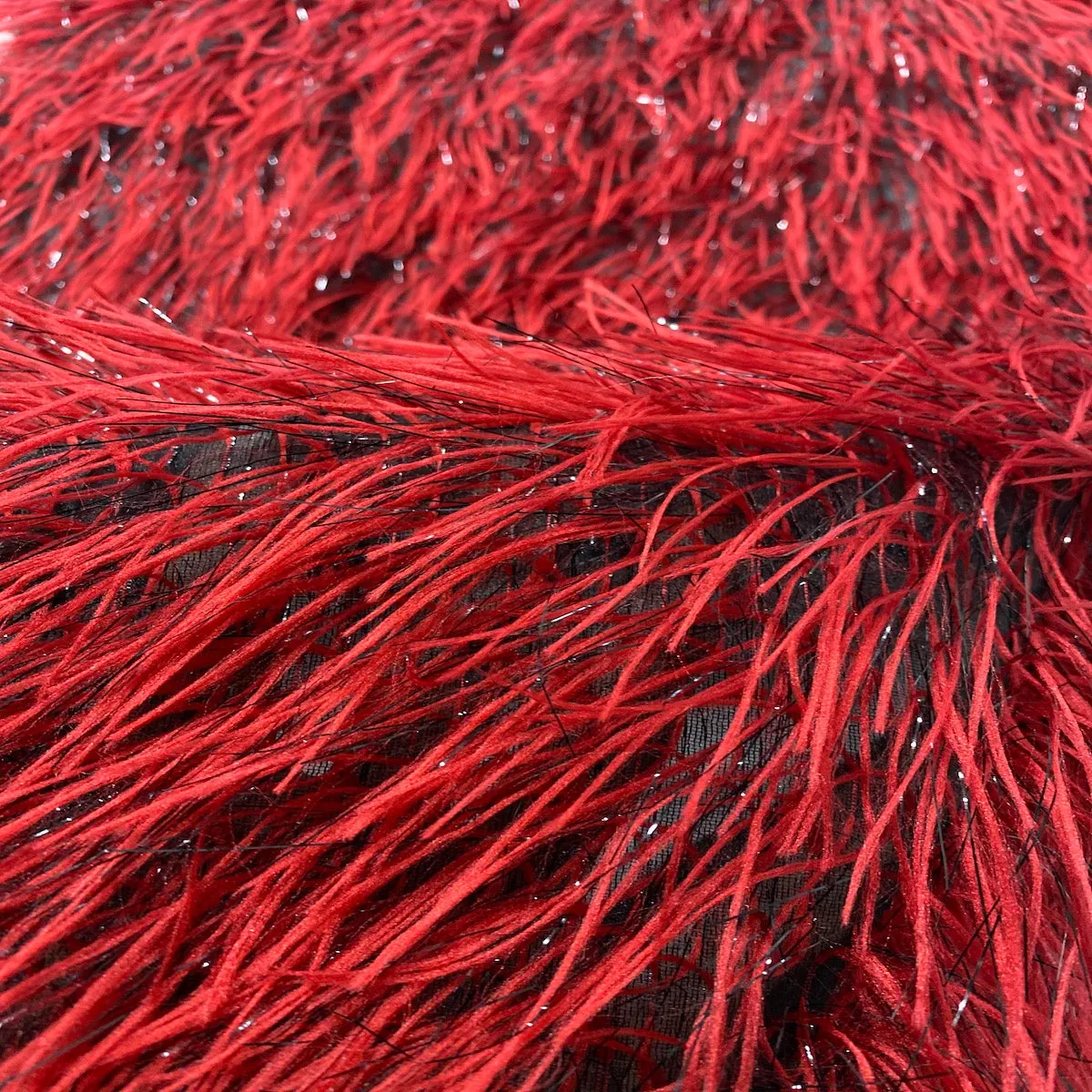 Dark Red | Black Metallic Faux Ostrich Feather Lace Fabric