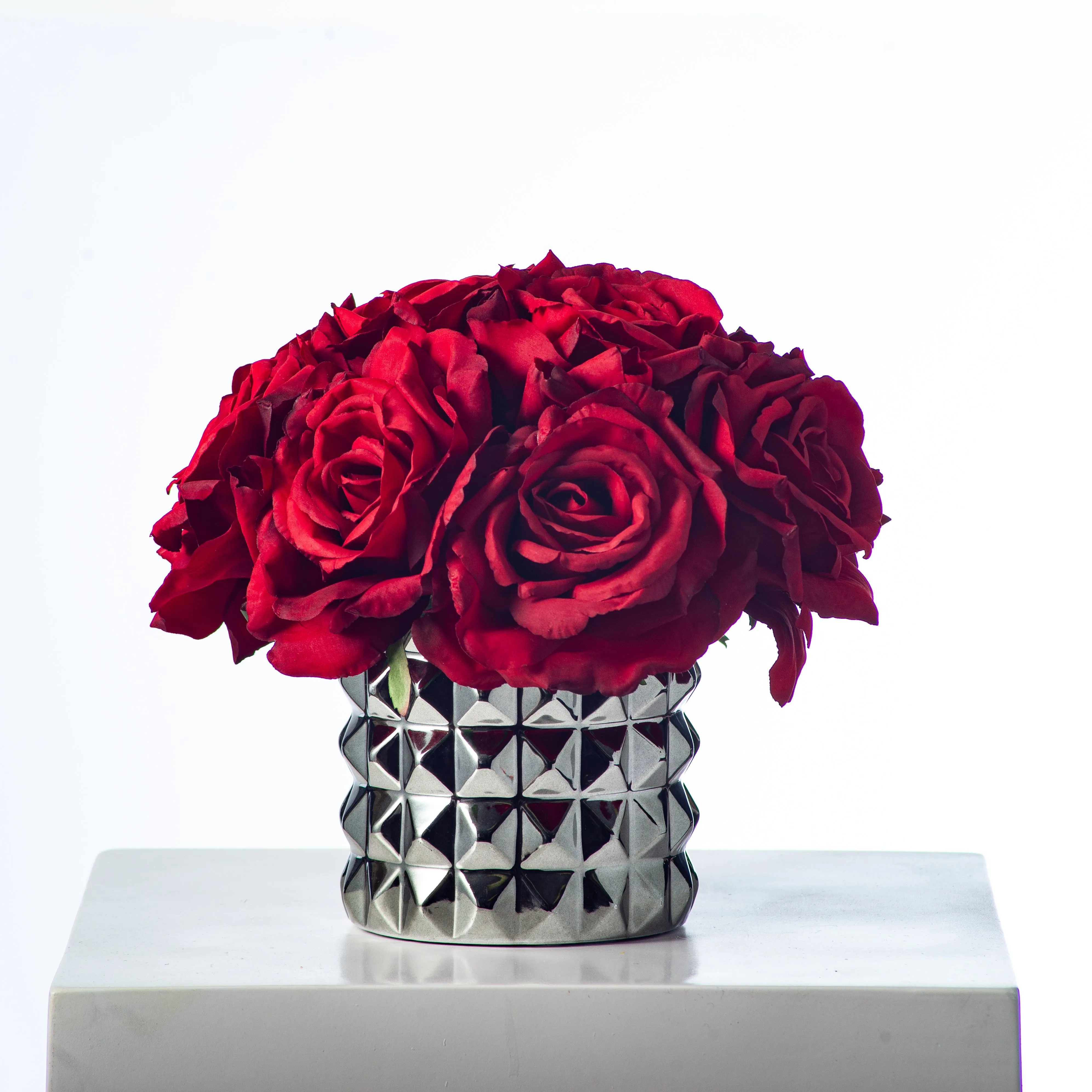 Deep Red Diana Silk Rose Valentine's Everyday Spring Faux Flower Arrangement in Studded Ceramic Gunmetal Vase