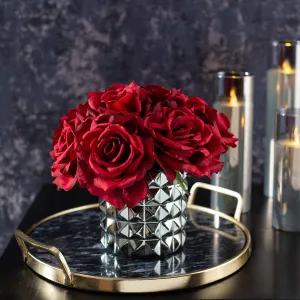 Deep Red Diana Silk Rose Valentine's Everyday Spring Faux Flower Arrangement in Studded Ceramic Gunmetal Vase